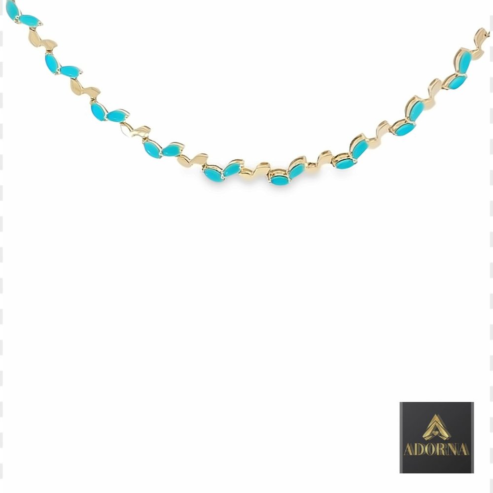 Turquoise Marquise 14K (or 18k upon request) Yellow Gold Leaf Motif Necklace